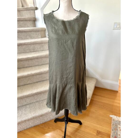 LJC Designs Olive Green Frayed Hem Linen Tulip Skirt Shift Dress - Picture 1 of 7